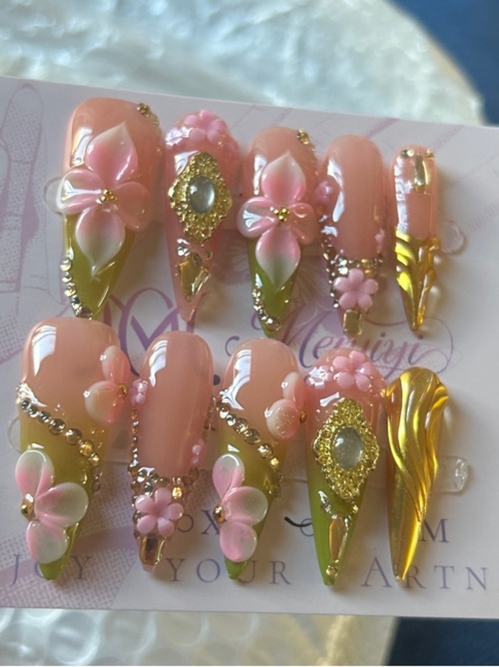 💕 …Handmade Pink Floral 3D Press-On Nails with Gold Accents